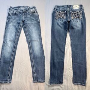 Miss Me Signature Skinny Jeans Embellished Pocket Mid Rise Stretch Sz 26💛